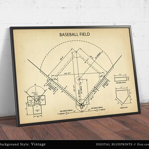 Puede incluir: Una ilustraci&oacute;n de plano de un campo de b&eacute;isbol de estilo vintage con medidas en pies. El t&iacute;tulo "BASEBALL FIELD" est&aacute; en la parte superior de la imagen. La imagen est&aacute; enmarcada en negro.