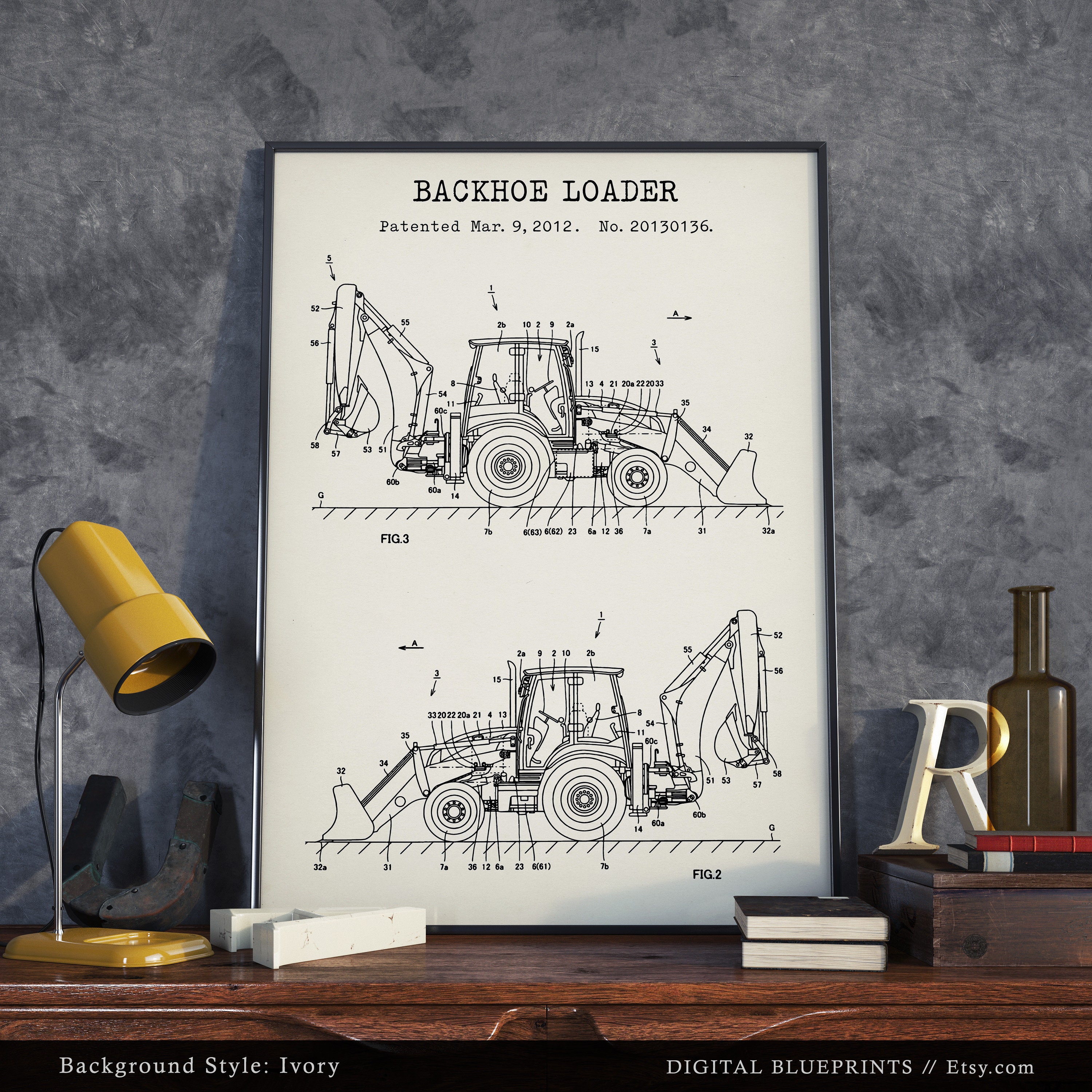 Backhoe Loader Poster Print, Backhoe Blueprint, Heavy Equipment Decor ...