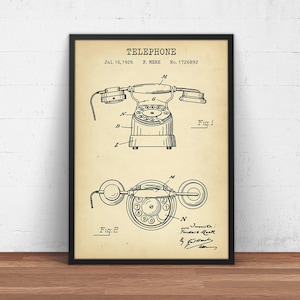 May include: A vintage black and white patent drawing of a rotary dial telephone. The drawing shows two views of the telephone, one with the receiver off the hook and one with the receiver on the hook. The patent number is 1726892 and the date is July 16, 1929.