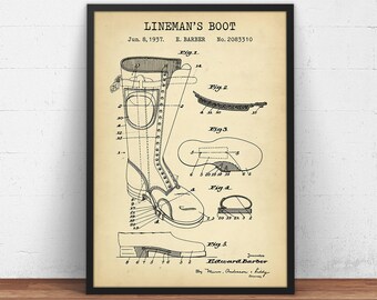 Lineman's Boot Patent Print, Lineman Poster Print, Electrical Lineworker Gifts, Power Line Technician Teleworker, Vintage Wall Art Decor