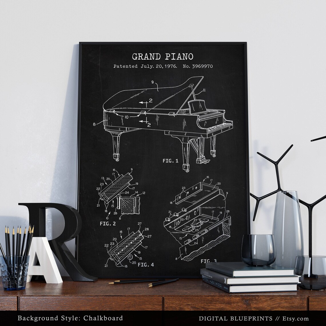 Grand Piano Patent Print Digital File Download Music