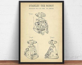 May include: A vintage patent drawing for a robot named Stanley. The drawing shows the robot from different angles, with details of its design and features. The patent was filed on November 29, 1988, and the patent number is 298766.