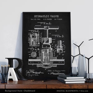 May include: Black and white vintage blueprint style illustration of a hydraulic valve patent. The patent is titled "Hydraulic Valve" and includes the patent number 716626 and the date December 23, 1902. The patent drawing shows a detailed illustration of the valve with various parts labeled.
