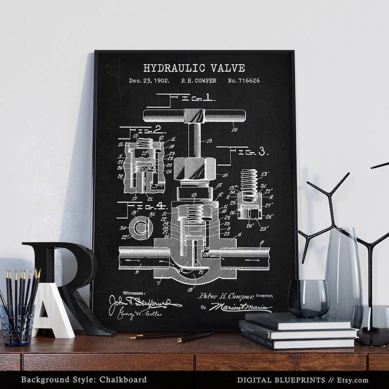 May include: Black and white vintage blueprint style illustration of a hydraulic valve patent. The patent is titled "Hydraulic Valve" and includes the patent number 716626 and the date December 23, 1902. The patent drawing shows a detailed illustration of the valve with various parts labeled.