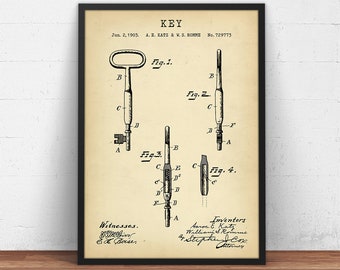Key Patent Print, Vintage Skeleton Key Blueprint Art, Master Lock, Locksmith Gift, Home Decor, Office Wall Art, Padlock Key, Lock Poster
