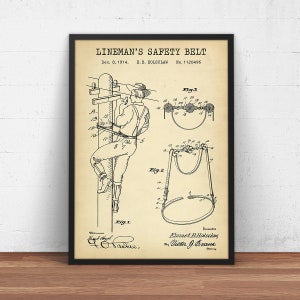 Lineman&#39;s Safety Belt Patent Print, Lineman Patent, Electrical Lineworker Gifts, Power Line Tech, Safety Harness, Vintage Tools, Teleworker