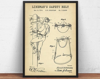 Lineman's Safety Belt Patent Print, Lineman Patent, Electrical Lineworker Gifts, Power Line Tech, Safety Harness, Vintage Tools, Teleworker