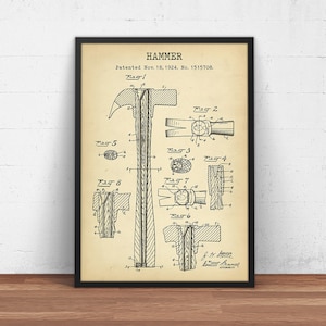 Hammer Patent Print,  Vintage Tools, Garage Decor, Workshop Wall Art, Claw Hammer Blueprint, Construction Gifts, Carpentry