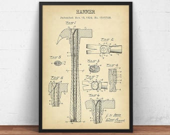 Hammer Patent Print,  Vintage Tools, Garage Decor, Workshop Wall Art, Claw Hammer Blueprint, Construction Gifts, Carpentry