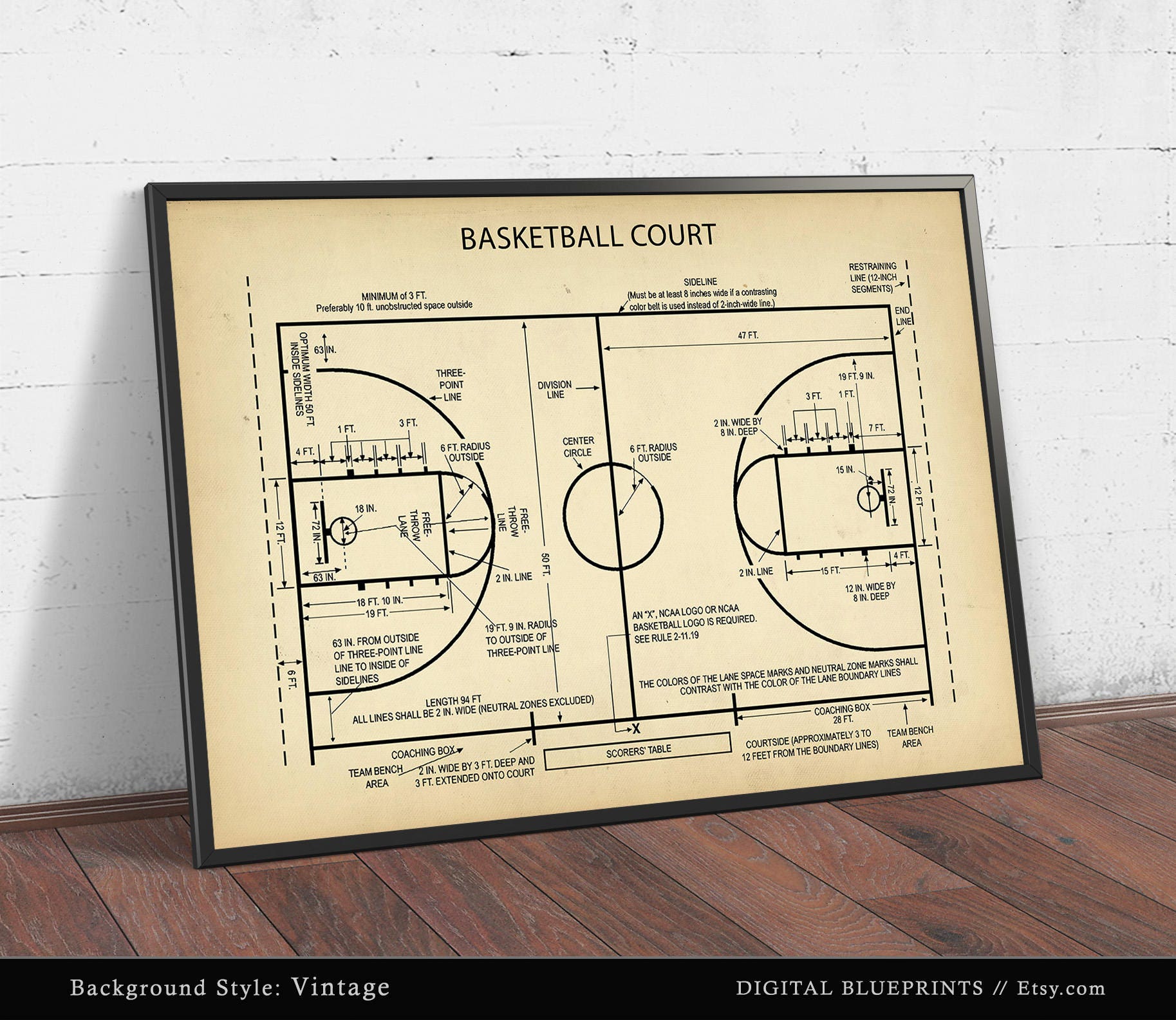 Basketball Court Blueprint Art Digital Download Basketball | Etsy