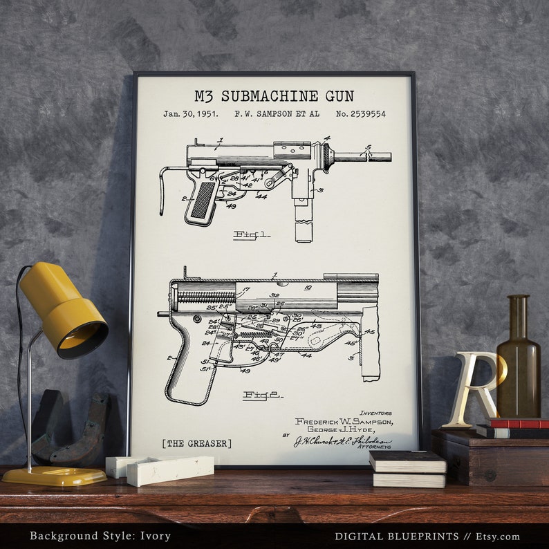 M3 Grease Gun Patent Print Digital Download M3A1 Blueprint Etsy