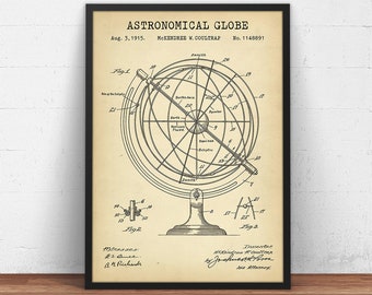 Impresión de patente de globo astronómico, movimiento planetario, dispositivo astronómico, globo planetario, decoración de pared para navegación celeste