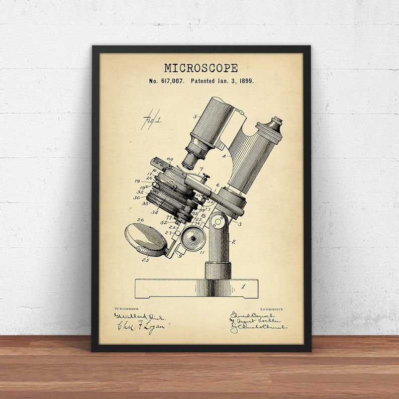 Lámina de patente de microscopio, regalos para estudiantes de ciencias, arte para paredes de hospitales, decoración para consultorios médicos, investigación médica, arte steampunk. imagen 1