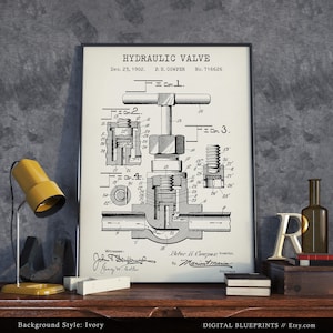 May include: A black and white vintage patent drawing of a hydraulic valve. The drawing is framed and displayed on a wooden surface with a yellow lamp and other decorative objects. The patent number is 716626 and the date is December 23, 1902.