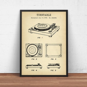Turntable Record Player Patent Print,  Vinyl Record Blueprint Art, Music Room Wall Art Decor, Vintage Poster Print