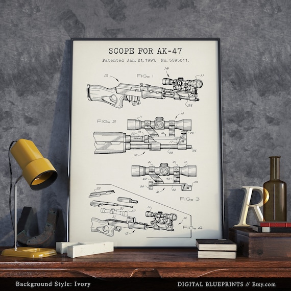 Ak47 スコープ特許プリント、Ak 47 青写真アート、銃の壁アート