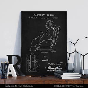 May include: Black and white illustration of a barber's apron patent drawing. The drawing shows a person sitting in a barber's chair wearing the apron. The patent information includes the date April 20, 1943, the inventor T. Edd Shaw, and the patent number 2,316,893.