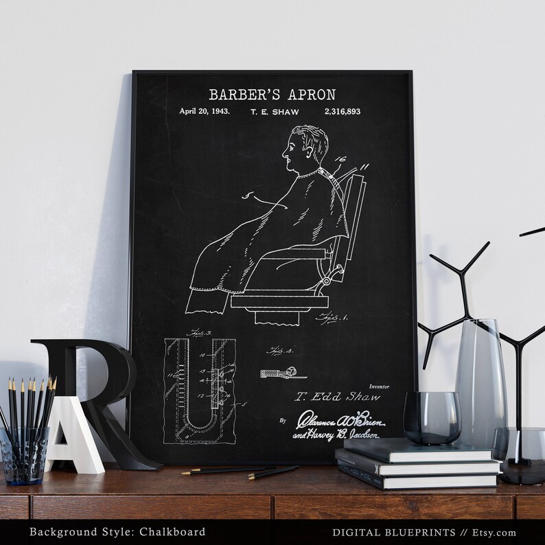 May include: Black and white illustration of a barber's apron patent drawing. The drawing shows a person sitting in a barber's chair wearing the apron. The patent information includes the date April 20, 1943, the inventor T. Edd Shaw, and the patent number 2,316,893.