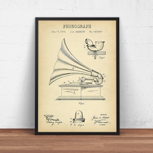 Phonograph Patent Print,  Record Player Blueprint, Poster Print, Music Room Wall Art, Retro Music Gift, Man Cave Decor