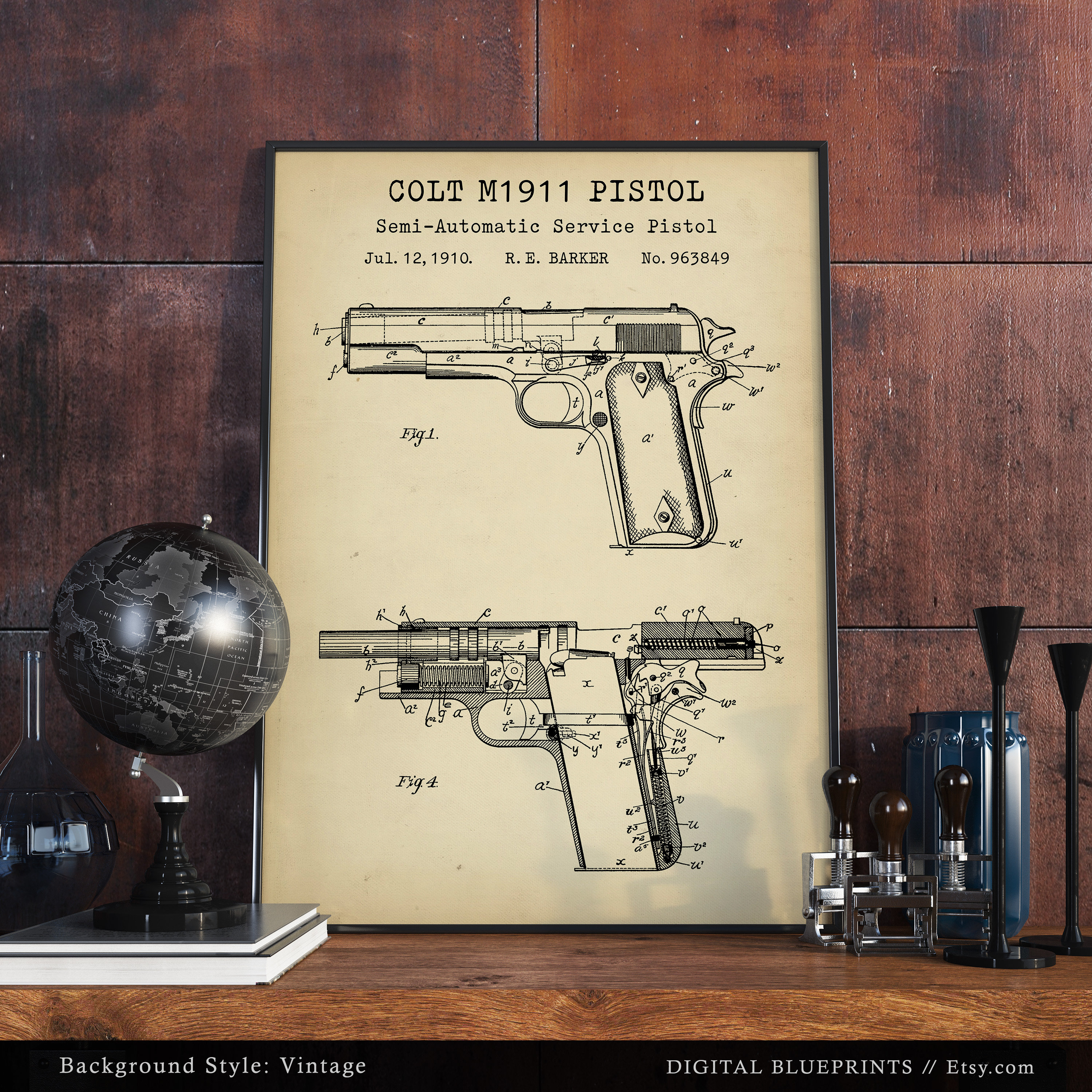 M1911ピストルの特許図面、半自動拳銃の設計図、銃器ポスター、銃の
