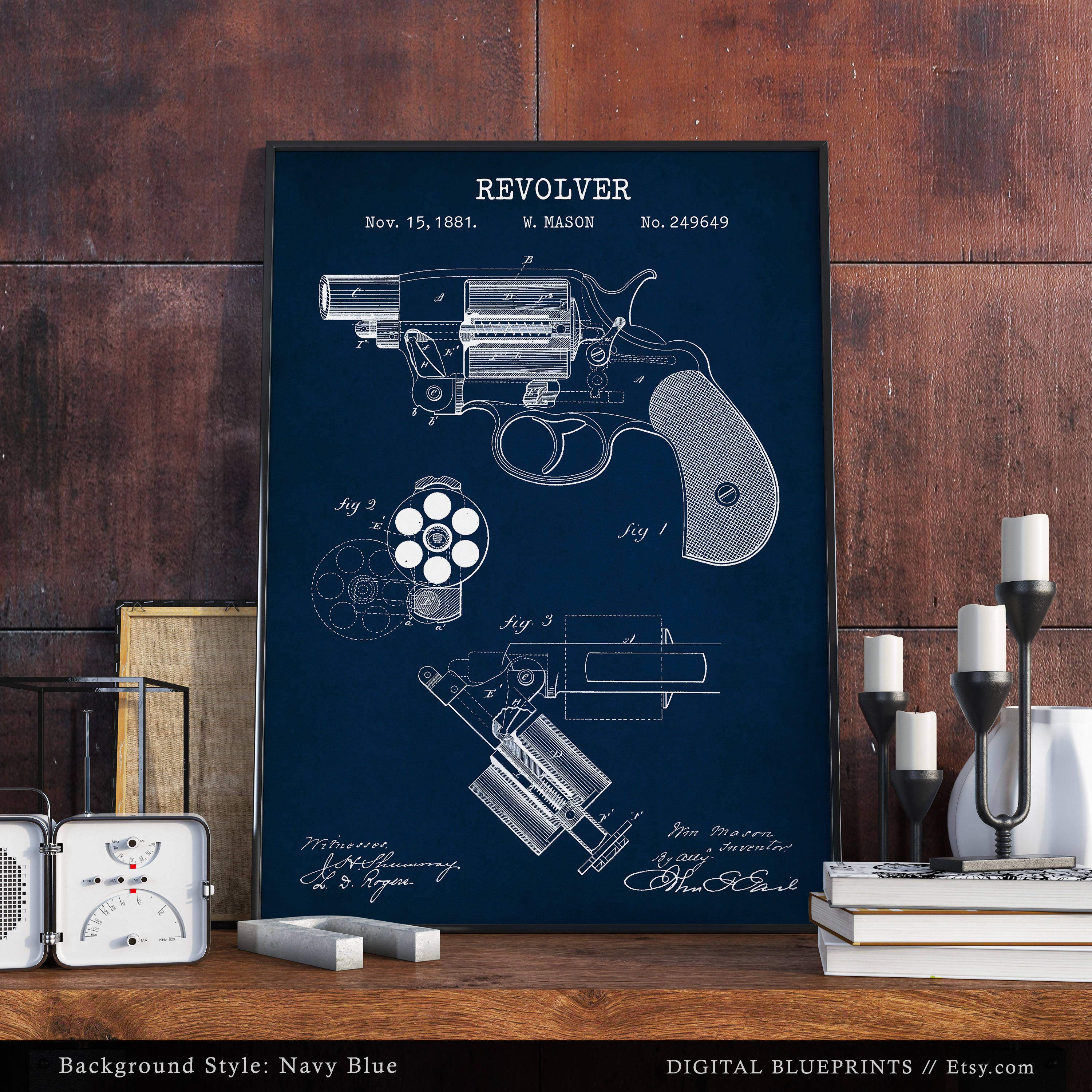 メイソン リボルバー 1881 特許印刷物、コルト M1889 ハンドガンの設計