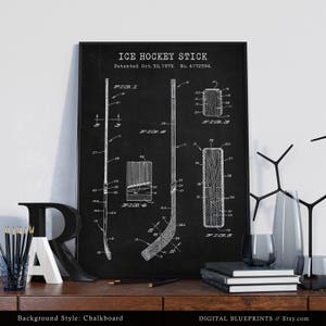 K&ouml;nnte beinhalten: Schwarzwei&szlig;illustration einer Eishockey-Schl&auml;ger-Patentzeichnung auf einem schwarzen Tafelhintergrund. Die Patentzeichnung zeigt die verschiedenen Teile des Schl&auml;gers und ist mit "ICE HOCKEY STICK" und "Patentiert am 30. Oktober 1979. Nr. 4172594." beschriftet.