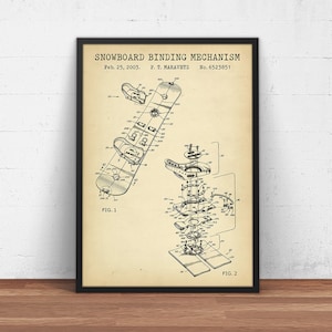 Snowboard Patent Print, Snow Board Binding Mechanism Blueprint Art,  Skier Gifts, Skiing Poster, Winter Sports Wall Decor