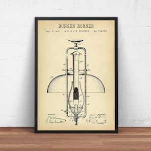 Impresión de patente del mechero Bunsen, cartel científico, arte de la pared científica, regalos de técnico de laboratorio, decoración de laboratorio, química orgánica,