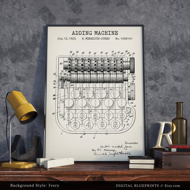 May include: A black and white vintage patent drawing of an adding machine. The drawing shows the internal workings of the machine, including gears, levers, and a keyboard with numbered keys. The patent is titled "Adding Machine" and is dated June 12, 1923. The inventor is listed as H. Meredith-Jones.