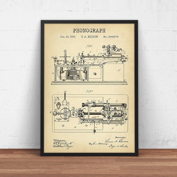 エジソン蓄音機特許プリント、エジソン発明ポスター、エンジニアギフト