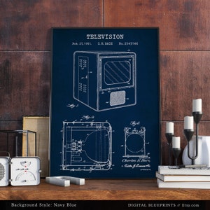 May include: A vintage blueprint style poster of a television patent. The poster is on a navy blue background with white text and illustrations. The patent is for a television, dated February 27, 1951, and titled "TELEVISION". The patent number is 2,543,146. The inventor is Charles N. Bace.