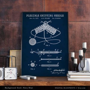 Peut inclure: Un dessin de brevet vintage pour une aiguille &agrave; tricoter flexible, avec des illustrations de l'aiguille en cours d'utilisation. Le dessin est sur un fond bleu fonc&eacute; avec du texte blanc et des illustrations. Le num&eacute;ro de brevet est 2102600 et la date est le 21 d&eacute;cembre 1937.