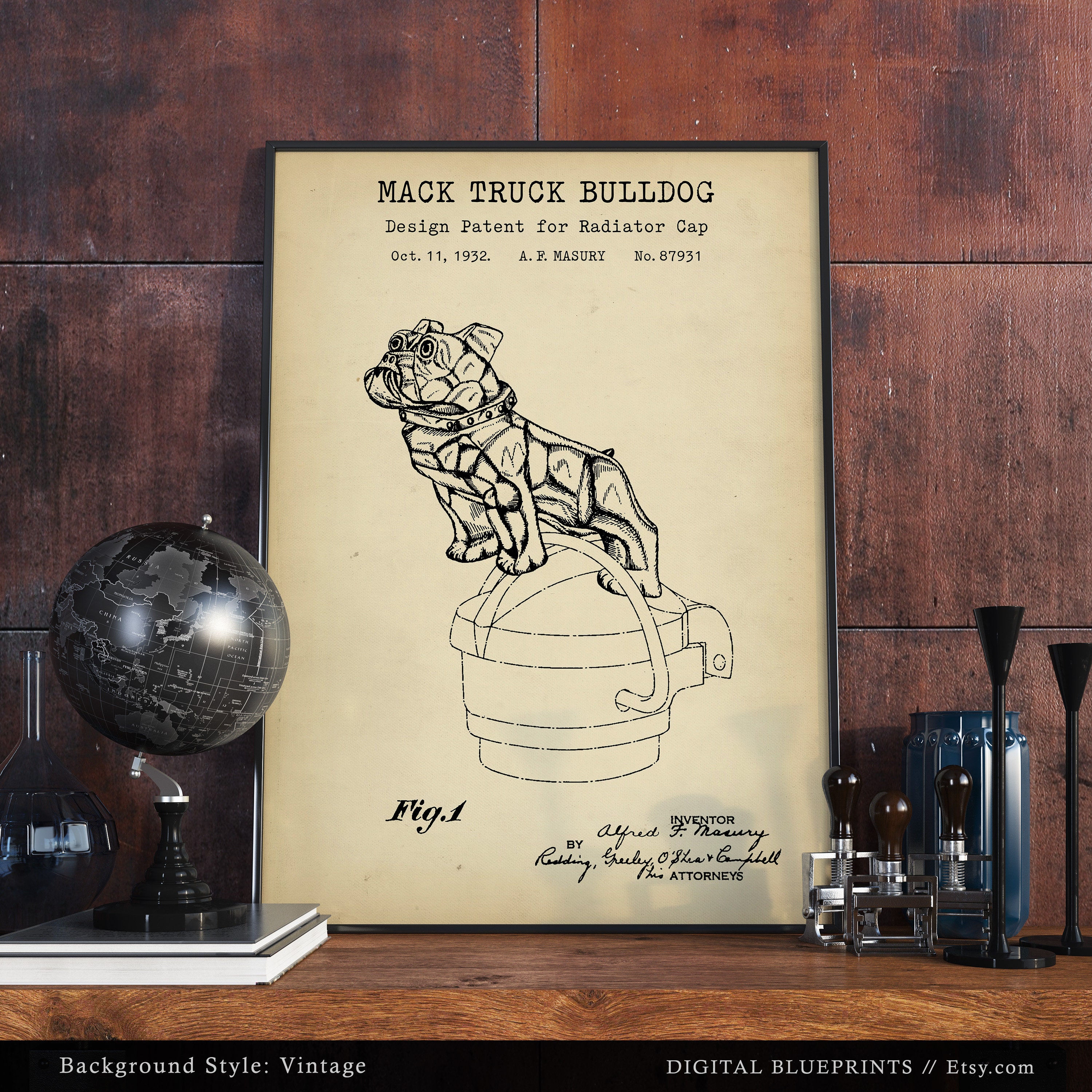 Mack Truck Bulldog Radiator Cap Patent Print, Vintage Tractor