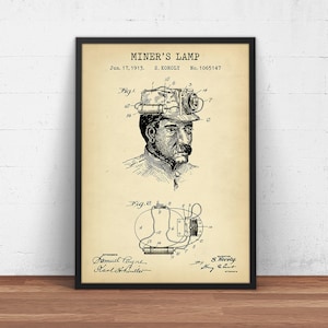 Miner&#39;s Lamp Patent Print, Blueprint Poster, Coal Miner Gift, Steampunk Art, Mining Wall Decor, Exploration, Industrial Art, Archaeologist