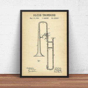 Slide Trombone Patent Print,  Trombone Design, Music Instrument, Music Room Decor, Brass Band Wall Art, Musician Gift Idea