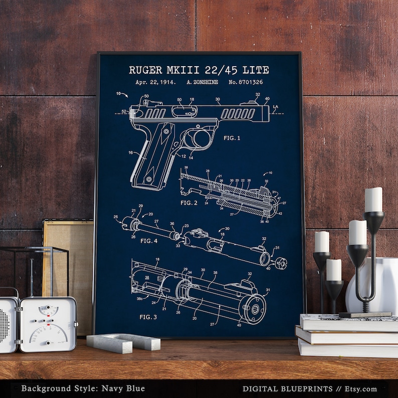 Pistolet Ruger MKIII 22/45 lite, impression brevet, plan Ruger Mark III, pistolet semi-automatique, décoration homme des cavernes, art mural pistolet, cadeaux de collection image 6