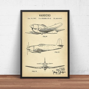 Warbird Airplane Patent Print, WWII Poster, Aeronautical Engineer, Air Force Wall Art, Design Schematic, Aviation Decor, Fighter Pilot Gift