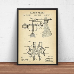 Water Wheel Patent Print,  Waterwheel Blueprint, Watermill Poster Print, Farmhouse Decor, Cottage Wall Art, Physics