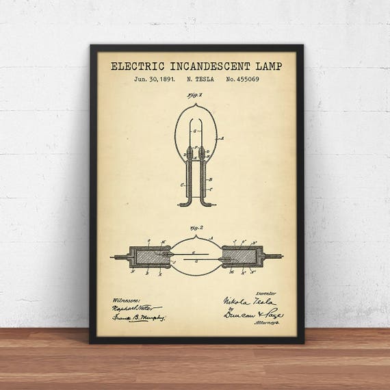 Incandescent Light Bulb Patent Poster Nikola Tesla Invention Etsy