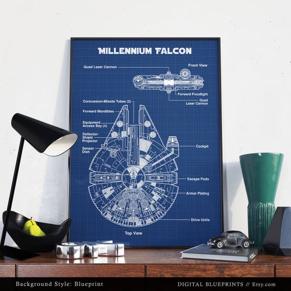 Star Wars Printable Millennium Falcon Blueprint Art Star Wars Schematic Diagram Star Wars Movie Print Spaceship Poster Fan Gifts