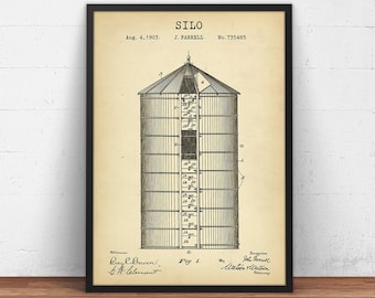 Silo Patent Print,  Farm Silo Blueprint, Farm Patents, Farmhouse Wall Art, Grain Silo Farming, Silage Agriculture Ranch Art