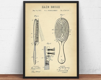 Hair Brush Patent Print, Bathroom Wall Art, Beauty Poster, Vintage Hairbrush Blueprint, Hairdresser Gifts, Vanity Decor, Hair Salon Art