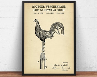Rooster Weather Vane Patent Print,  Weather Vane Blueprint, Farmhouse Decor, Cottage House Wall Art, Country Living