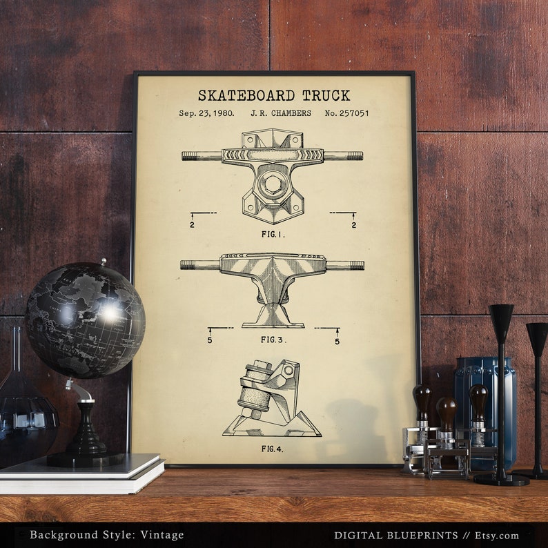 May include: Vintage style illustration of a skateboard truck patent drawing. The drawing shows four different views of the truck, labeled FIG. 1, FIG. 3, and FIG. 4. The patent was filed on September 23, 1980, by J.R. Chambers and assigned patent number 257051.