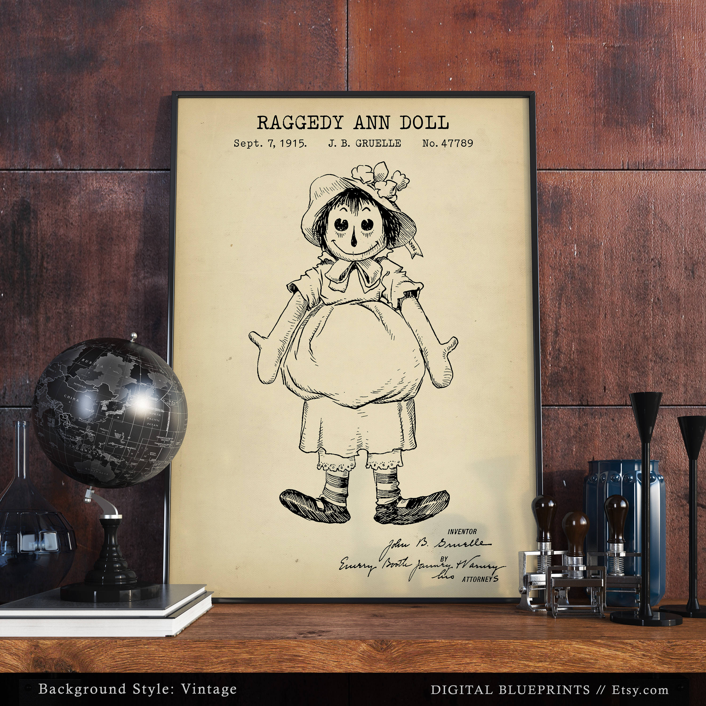Raggedy Ann Doll Patent, Vintage Doll Blueprint, Kids Room Decor