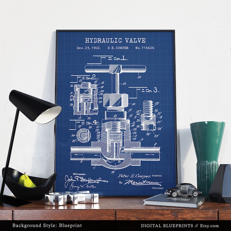 May include: A blueprint style illustration of a hydraulic valve patent. The patent is titled "Hydraulic Valve" and was filed on December 23, 1902, by P.H. Cowper. The patent number is 716626.