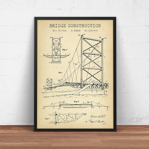 Puede incluir: Plano vintage enmarcado de la construcción de un puente, con diagramas detallados y el título "BRIDGE CONSTRUCTION". La impresión incluye dibujos técnicos, fechas y los nombres de W. Kenan y Wilser Nenen.