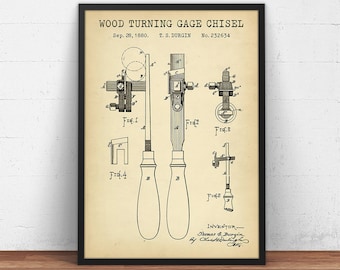 May include: A vintage patent drawing for a wood turning gage chisel, dated September 28, 1880. The drawing shows a detailed illustration of the tool, with various parts labeled and numbered. The patent number, 232634, is clearly visible at the top of the drawing.