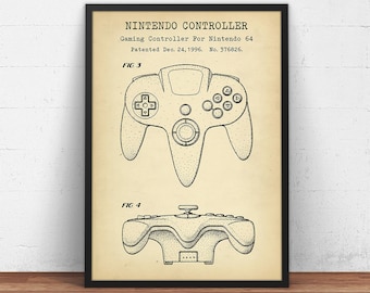 Nintendo 64 Controller Patent Print, Gaming Joystick Blueprint, Classic Nintendo, Nintendo Fan Gifts, Game Room Wall Art, Gaming Decor
