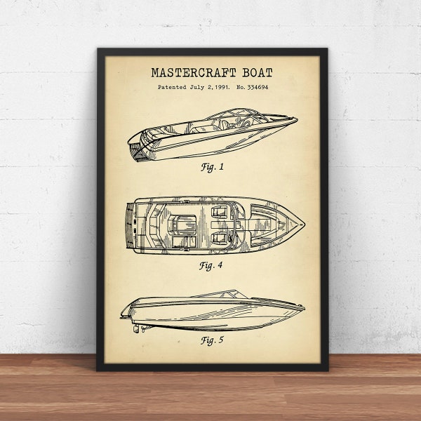 Impression de brevet de bateau Mastercraft, impression d'affiche, plan de bateau de ski, décoration océan marin, art mural plage, bateau de ski nautique, cadeaux de plaisance